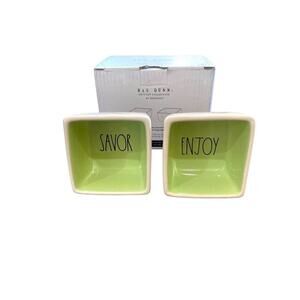 Rae Dunn Savor and Enjoy Square Ceramic Bowl Set Green New NIB FabFitFun Gift 3”